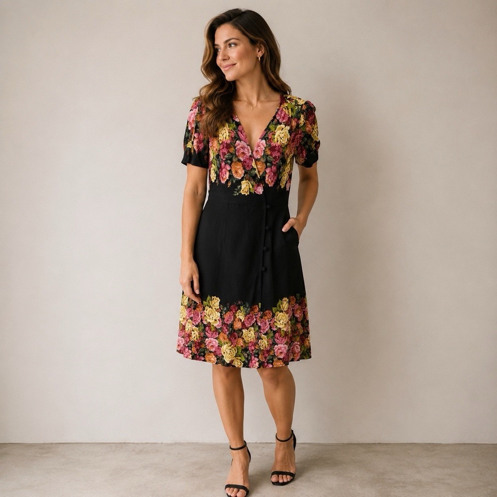 Free People Floral Wrap Maxi Dress Black Small Boho Prairie Peasant V-Neck Short